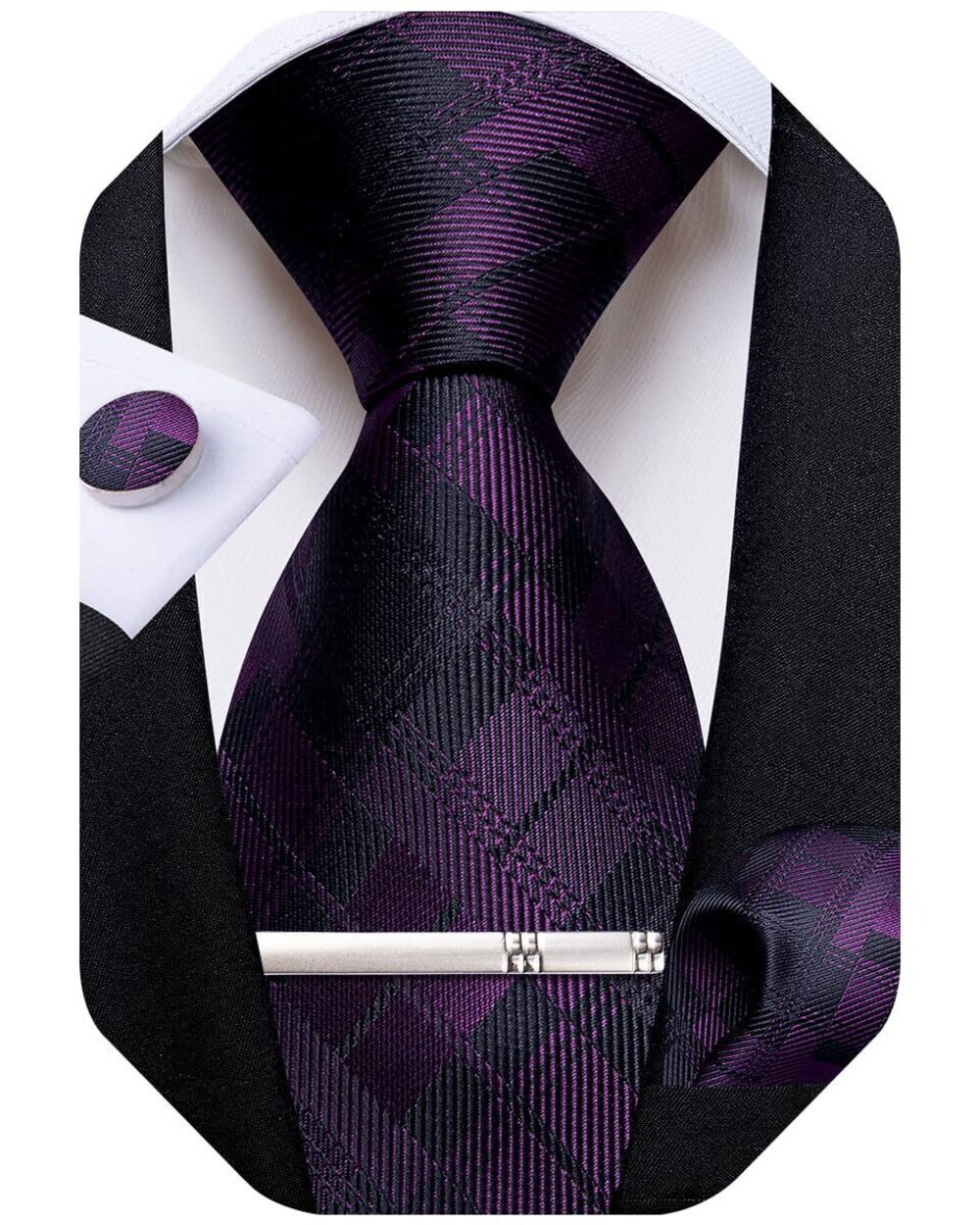 8903 Silk Ties Formal Plaid Check Necktie and Pocket Square Cufflinks Tie